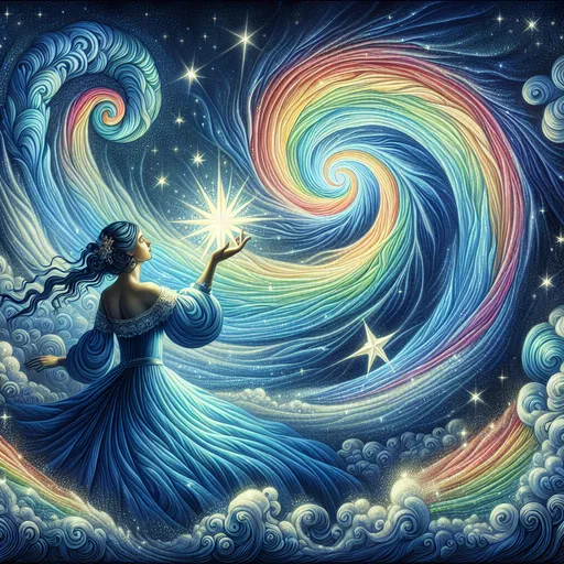 Prompt: <mymodel> a woman in a blue dress holding a star in her hand and a rainbow swirl around her body, with stars in the sky, Anne Stokes, fantasy art, highly detailed digital painting, a detailed painting