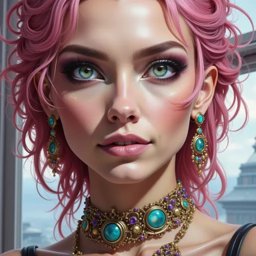 Prompt: a woman with pink hair, blue eyes, and a necklace and earrings on her chest and chest, with a window in the background, Anne Stokes, fantasy art, highly detailed digital painting, a detailed painting