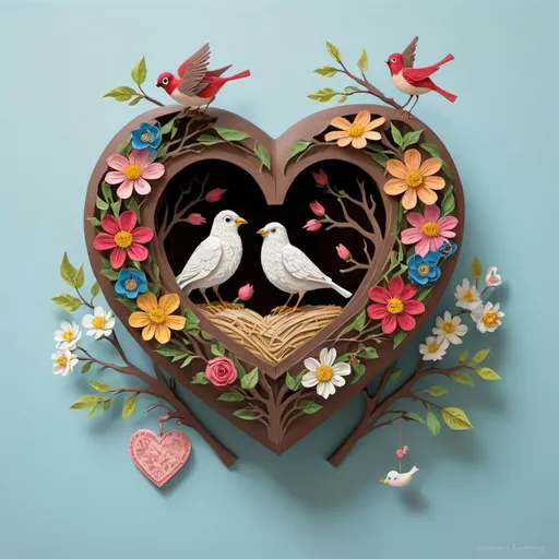 Prompt: a painting of a heart shaped box with two birds on it and flowers on the inside of it, and a branch of a tree with leaves and flowers, Chris LaBrooy, naive art, highly detailed digital painting, a detailed painting