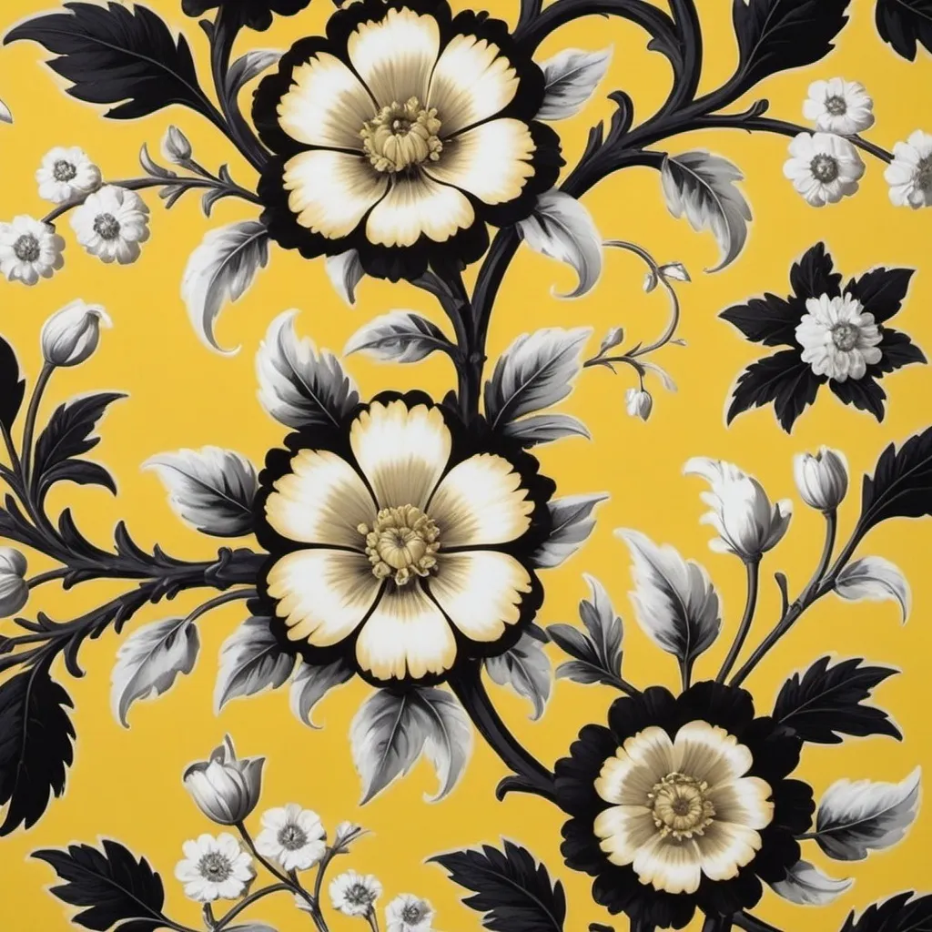 Prompt: a yellow and black flower wallpaper with white flowers on it's sides and black leaves on the bottom, Annabel Kidston, rococo, yellow, a flemish Baroque