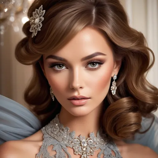 Prompt: Fancy lady, elegant gown with intricate lace details, opulent jewelry, glamorous evening setting, high fashion, luxurious fabrics, exquisite makeup and hairstyle, high quality, detailed, glamorous, elegant style, warm tones, soft and sophisticated lighting