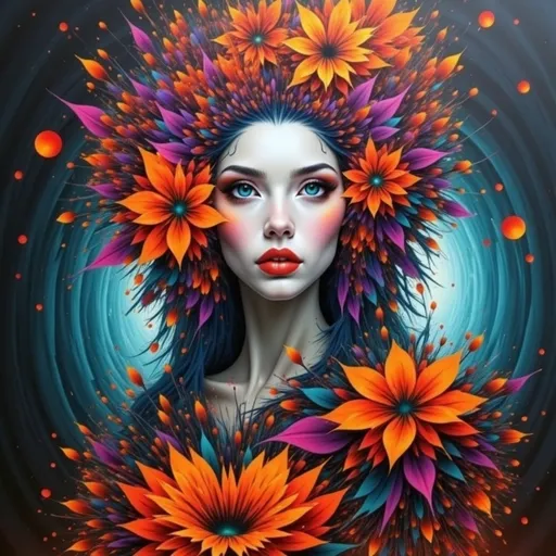 Prompt: Beautiful  hybrid woman with orange flowers sprouting from her, oil painting, detailed fiery eyes, ethereal glow, dark and mysterious, high quality, vibrant colors, surreal, haunting, intricate floral details, intense gaze, mystical atmosphere, oil painting, demon, hybrid, fiery eyes, ethereal, vibrant colors, surreal, haunting, floral details, intense gaze, mystical atmosphere