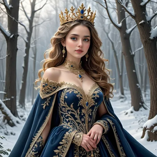 Prompt: In a magical winter forest blanketed by softly falling snow, a regal figure stands poised amidst the frosty trees, her presence captivating. Clad in a stunning deep blue gown adorned with intricate gold detailing and opulent gemstones, her attire radiates elegance and grandeur. A delicate crown, shimmering with golden embellishments, sits atop her wavy, chestnut hair which cascades gently over her shoulders. Her expression, a blend of strength and grace, draws attention, while the serene atmosphere of the snowy landscape enhances the enchanting quality of the scene, creating a compelling narrative of royalty and enchantment in a wintry realm.