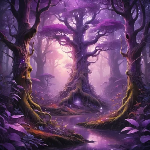 Prompt: Purple-themed fantasy digital painting of a mystical forest, vibrant and surreal colors, enchanted ethereal atmosphere, detailed flora and fauna, magical creatures, high quality, ethereal fantasy, digital painting, vibrant purple, mystical, surreal, enchanted, detailed fantasy, magical creatures, atmospheric lighting