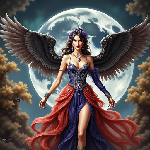 Prompt: A winged woman with raven black hair and purple eyes, adorned with amethyst jewels, standing in an ethereal nebula background, full body, highres, detailed, fantasy, vibrant colors, flowing and ethereal clothes, radiant lighting, majestic, surreal, paradise setting, 