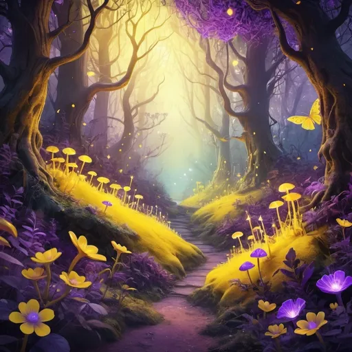 Prompt: Vibrant digital illustration of a mystical forest, vivid yellow and purple hues, magical glowing flowers, enchanting fairytale atmosphere, whimsical creatures, high-quality, highres, vibrant, digital art, fantasy, mystical, mystical forest, glowing flowers, enchanting, whimsical creatures, vibrant yellow and purple, magical, fairytale atmosphere