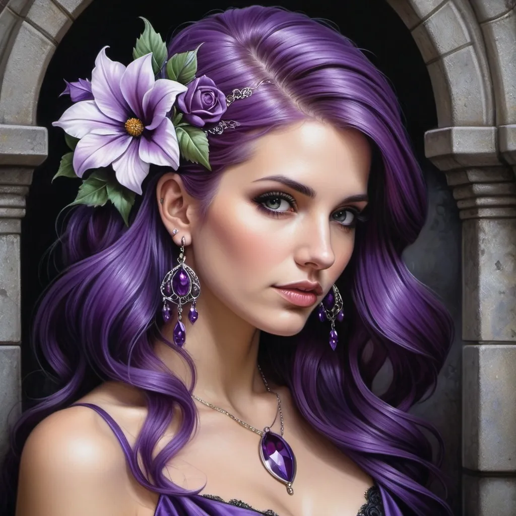 Prompt: a woman with purple hair and flowers in her hair is wearing a purple dress and earrings and a purple flower in her hair, Anne Stokes, gothic art, purple, a photorealistic painting