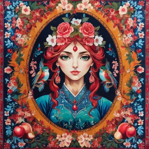 Prompt: A colorful design in the dimensions of 140x140 centimeters, its main theme is white and red, there are pomegranates and cherry blossoms in it, and some green leaves and branches and traditional Iranian designs are used, and there are small birds in it.