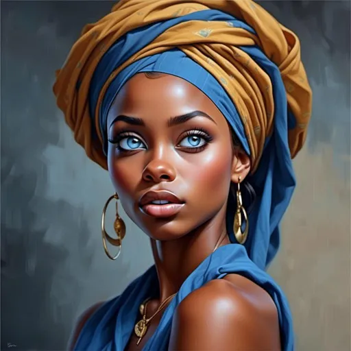 Prompt: <mymodel> a painting of a woman wearing a blue head scarf and a blue necklace with a gold chain around her neck, Chinwe Chukwuogo-Roy, photorealism, highly detailed digital painting, a photorealistic painting