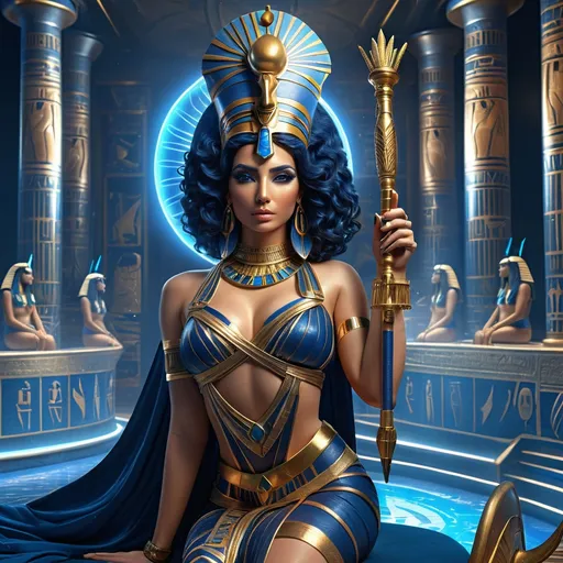 Prompt: <mymodel> HD 4k 3D, 8k, hyper realistic, professional modeling, ethereal Egyptian Goddess style, Ruler Goddess, beautiful, holding scepter,  glowing fair skin, dark blue hair, mythical regal gown, crown, full body, powerful, on throne on egyptian boat, Fantasy setting, surrounded by ambient divine glow, detailed, elegant, surreal dramatic lighting, majestic, goddesslike aura, octane render, artistic and whimsical