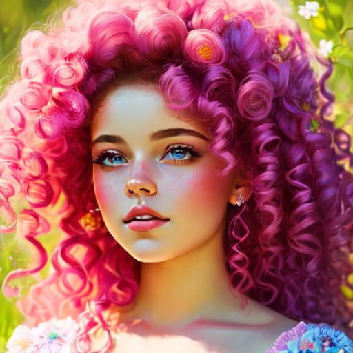 Prompt: a young fairy of spring, very curly hair, pink glow on cheeks,wildflowers, vivid colors, closeup