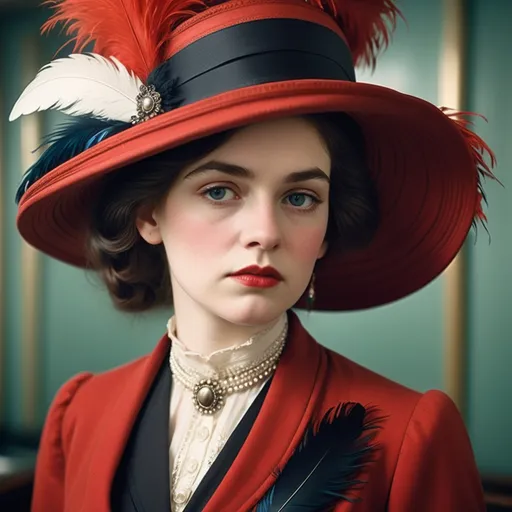 Prompt: fashionable 1st class  female passenger on the Titanic, pale skin, dark styled hair, large lips,  looking sad, facial closeup, vibrant colors, red dress and elaborate hat with feathers
