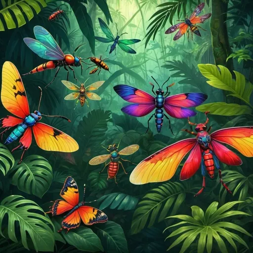 Prompt: Colorful insects in a vibrant, tropical jungle environment, high-quality, detailed, digital art, vibrant colors, exotic flora and fauna, intricate patterns, realistic, lively lighting