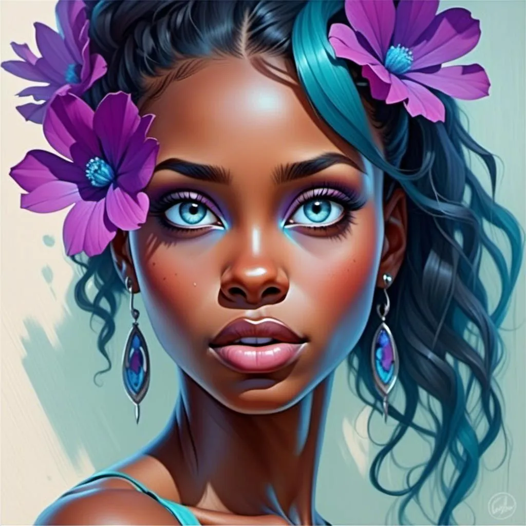 Prompt: <mymodel>young woman with a flower in her hair, colors of purple and turquoise, facial closeup