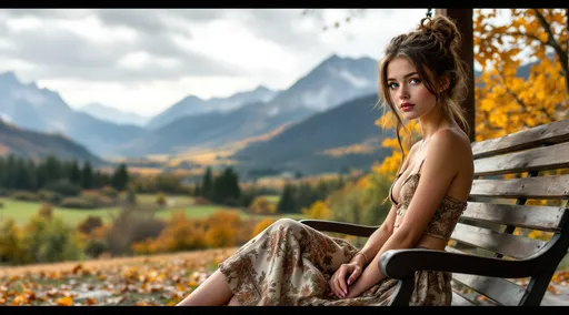 Prompt: A beautiful countryside surrounded by beautiful, enchanting mountains. A cloudy day, light cool breeze. A pretty girl age 14 light brown hair with highlights styled with a small braid and a messy bun light blue eyes and full pouty lips barefoot painted toenails wearing an ornate crop top and chic pleated skirt relaxing on a country farmhouse porch swing in the fall. 