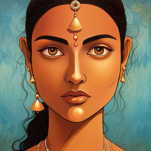 Prompt: The portrait depicts a young Indian woman with flawless caramel-toned skin, reflecting the warm hues of the golden hour light. Her face is exquisitely composed, with sharp focus capturing every intricate detail of her features. Her large, almond-shaped eyes are rich and dark, with a hint of curiosity and wisdom shining in their depths. Long, thick lashes frame her expressive eyes, casting delicate shadows on her skin.

The women's full lips are painted in a natural pink hue, and her cheeks have a subtle rosy blush, adding to her youthful radiance. Her eyebrows are meticulously groomed, arched elegantly to frame her eyes with precision. A small, intricately designed bindi in the center of her forehead catches the light, adding a touch of cultural significance to her portrait.

Her hair is styled in thick, lustrous waves that cascade over her shoulders and down her back, each strand rendered with hyper-realistic precision. She wears traditional Indian jewelry, including ornate golden jhumka earrings and a delicate nose pin that glimmers in the light, adding to her regal aura.