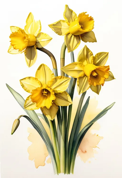 Prompt: This is a detailed, watercolor illustration of a bouquet of five vibrant yellow daffodils. The flowers are prominently displayed in the center of the image, each with six petals that are slightly curved at the tips. The petals have a gradient of yellow shades, with darker yellow at the center and lighter yellow towards the edges. The daffodils are arranged in a slightly upward direction, with three fully bloomed flowers and two unopened buds at the top. The stems and leaves are green, with long, slender leaves that have a subtle gradient from dark green at the base to lighter green at the tips. The background is white with soft, watercolor-like splashes of yellow and green, adding a delicate, whimsical touch to the illustration. The texture of the watercolor medium is evident, with gentle blending and subtle variations in color. The overall style is realistic yet slightly stylized, capturing the delicate beauty of the daffodils with a gentle, artistic touch. The composition is balanced, with the flowers slightly off-center to the right, and the leaves and stems providing a natural frame around the blooms.