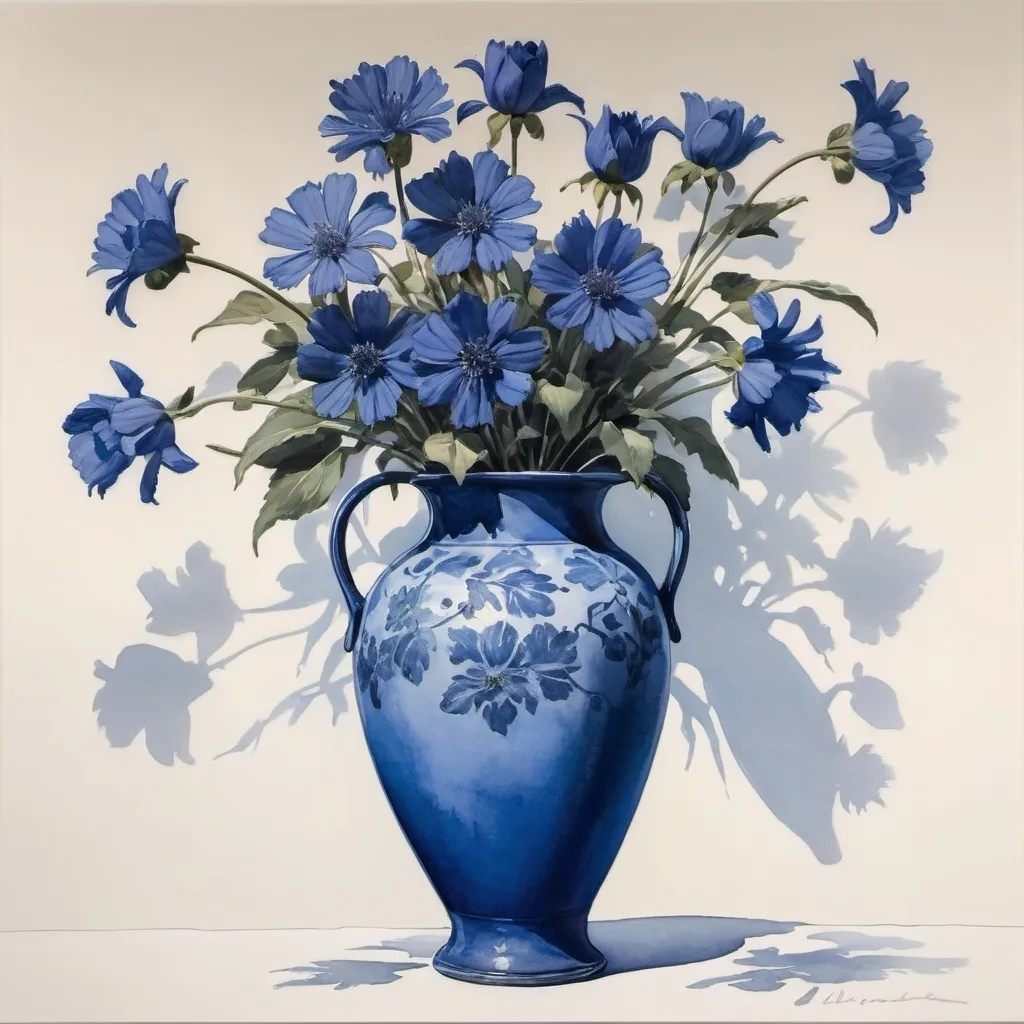 Prompt: a blue vase with blue flowers in it on a white background with a shadow of a person standing in front of it, Alison Kinnaird, modern european ink painting, in gouache detailed paintings, a still life