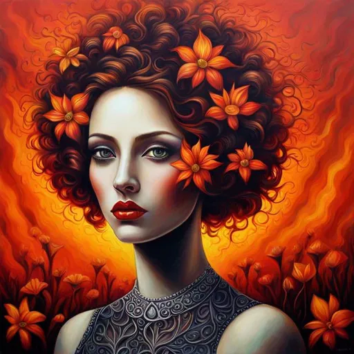 Prompt: Beautiful  hybrid woman with flowers sprouting from her, oil painting, detailed fiery eyes, ethereal glow, dark and mysterious, high quality, vibrant colors, surreal, haunting, intricate floral details, intense gaze, mystical atmosphere, oil painting, demon, hybrid, fiery eyes, ethereal, vibrant colors, surreal, haunting, floral details, intense gaze, mystical atmosphere