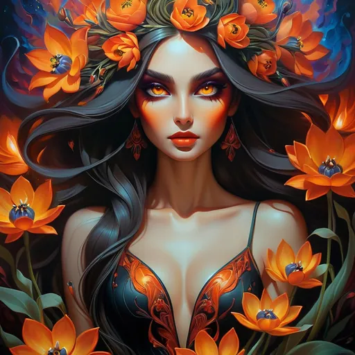 Prompt: Beautiful  hybrid woman with flowers sprouting from her, oil painting, detailed fiery eyes, ethereal glow, dark and mysterious, high quality, vibrant colors, surreal, haunting, intricate floral details, intense gaze, mystical atmosphere, oil painting, demon, hybrid, fiery eyes, ethereal, vibrant colors, surreal, haunting, floral details, intense gaze, mystical atmosphere