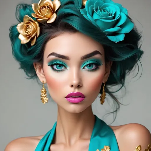 Prompt: <mymodel>turquoise and gold beauty, beautiful makeup, gold lipstick, rose colored flowers