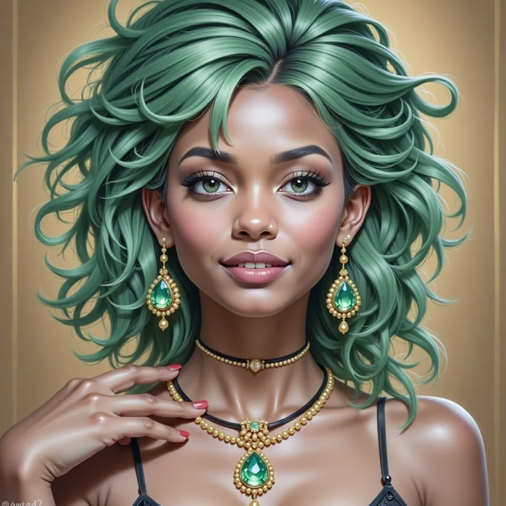 Prompt: a woman with green hair brushed back and a necklace and earrings on her neck and hand on her chest, with a gold background, Charlie Bowater, fantasy art, highly detailed digital painting, a digital painting