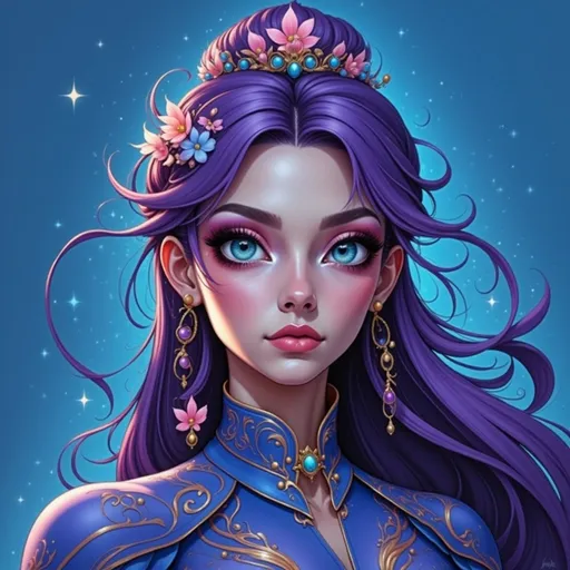 Prompt: a woman with purple hair wearing a crown and flowers on her head, with a blue background and a blue background, Charlie Bowater, fantasy art, highly detailed digital painting, a detailed painting