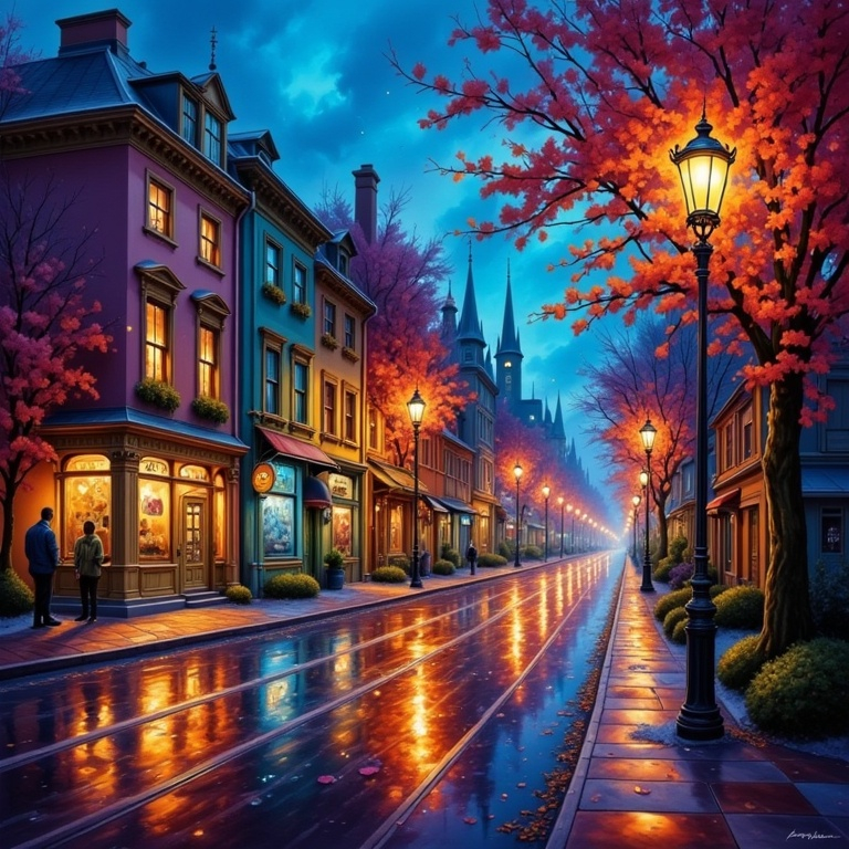 Prompt: a painting of a rainy street with a lamp post and street lights on it and a person walking down the street, Evgeny Lushpin, fantastic realism, atmospheric lighting, a photorealistic painting