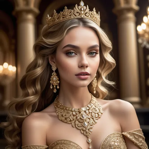 Prompt: Elegance radiates from a young woman adorned in a stunning golden gown embellished with intricate patterns, accentuating her regal presence. Her long, luxurious hair cascades in soft waves, framing her flawless complexion and prominent cheekbones, while a crown glimmers atop her head, signifying royalty. Ornate earrings and a delicate necklace, featuring exquisite jewels, complete her sophisticated look. The setting reveals opulent decor, with rich, warm tones and soft natural light streaming through large windows, enhancing the enchanting atmosphere. The overall mood evokes a sense of grandeur and timeless beauty, capturing a moment that feels both majestic and serene.