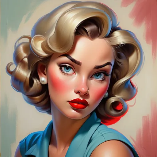 Prompt: Pin-up portrait, classic oil painting, vibrant and retro colors, vintage hairstyle, red lipstick,detailed facial features, traditional art technique, high quality, classical, vibrant colors,  classic style, detailed brushwork, professional lighting