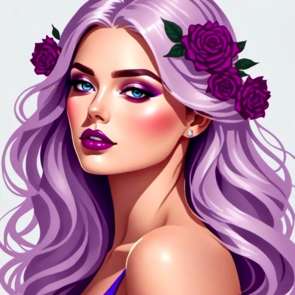 Prompt: <mymodel>Beautiful and Gorgeous woman, purple roses in hair