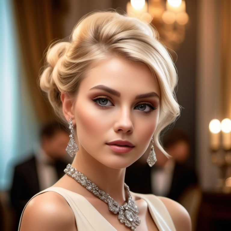 Prompt: elegant blonde woman, sophisticated updo hairstyle, glamorous makeup, stylish attire, poised expression, luxurious setting, warm lighting, high fashion ambiance, intricate jewelry, flawless skin, ultra-detailed, 4K resolution, portrait photography, exquisite detailing, soft focus background with decorative elements, captivating charm, modern elegance.