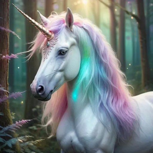 Prompt: Majestic unicorn with iridescent fur, enchanting forest setting, whimsical fantasy art style, vibrant pastel tones, ethereal lighting, detailed mane and horn, surreal, high quality, fantasy, enchanting, iridescent fur, detailed mane, whimsical, pastel tones, vibrant, ethereal lighting, forest setting