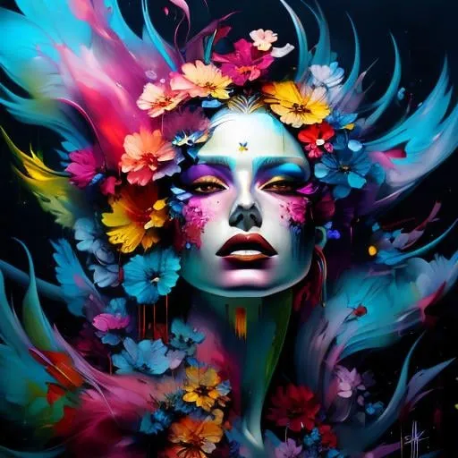 Prompt: Flower Siren graffiti art, splash art, street art, spray paint, oil gouache melting, acrylic, high contrast, colorful polychromatic, ultra detailed, ultra quality, CGSociety