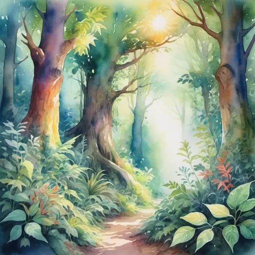 Prompt: Vibrant watercolor painting of a lush enchanted forest, mystical creatures hidden in the foliage, soft sunlight filtering through the canopy, high quality, magical realism, vibrant colors, ethereal lighting, mystical creatures, enchanting, watercolor painting, enchanted forest, soft sunlight, vibrant colors