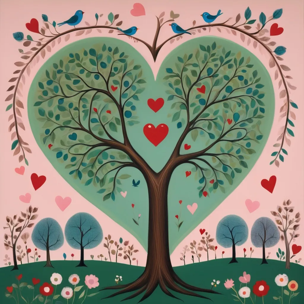 Prompt: a painting of a tree with two birds on it and a heart shaped tree with two birds on it, Annabel Kidston, naive art, birds, a storybook illustration