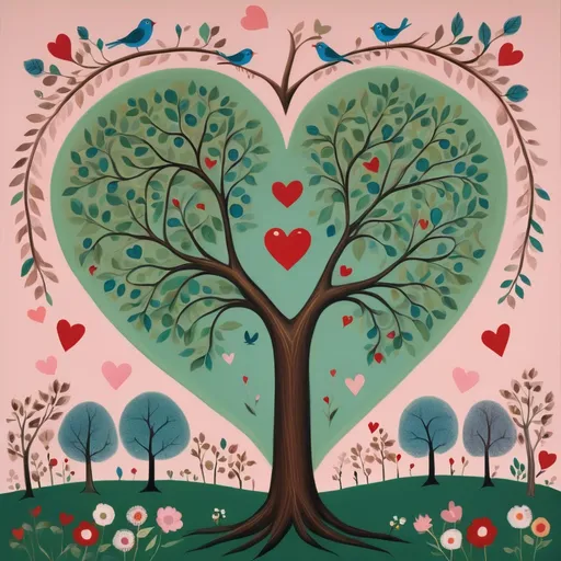 Prompt: a painting of a tree with two birds on it and a heart shaped tree with two birds on it, Annabel Kidston, naive art, birds, a storybook illustration