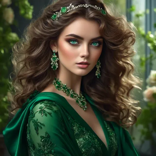 Prompt: <mymodel>High-res, realistic portrait of a stylish woman, vibrant green color scheme, large expressive green eyes, flawless makeup, luxurious green fabrics, elegant pose, detailed hair and accessories, professional, high-quality, realistic, green tones, detailed eyes, elegant styling, natural lighting