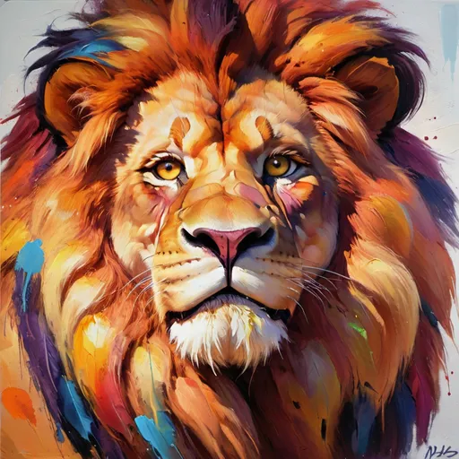 Prompt: colorful oil painting of a majestic lion head, face and main 