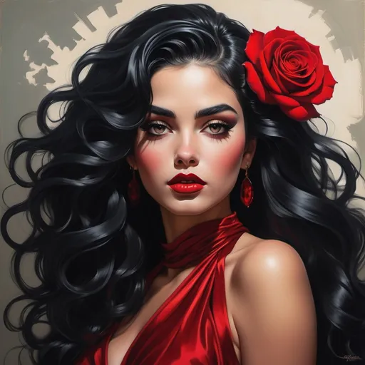 Prompt: Radiating elegance, a striking figure captivates the viewer with her lush, voluminous black hair cascading in waves, adorned with a vibrant red rose that complements her bold aesthetic. Her piercing gaze, framed by long lashes and highlighted by perfectly arched brows, emphasizes her luscious lips painted in a deep red, exuding confidence and allure. Dressed in a stylish black top embellished with intricate floral designs, she pairs it with ornate jewelry featuring a central gemstone and elaborate earrings that gently sway with her movements. Behind her, an opulent background of golden hues and swirling floral patterns creates a luxurious atmosphere, enhancing the enchanting narrative of beauty and sophistication. The overall composition encapsulates a sense of timeless glamour, inviting intrigue and admiration.