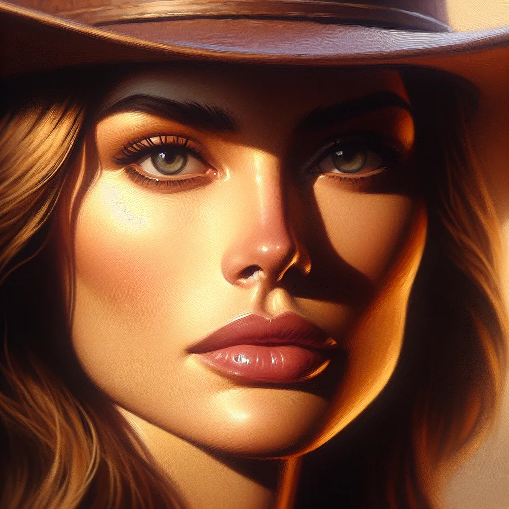 Prompt: a  facial closeup of a woman in a cowboy hat , Charlie Bowater, american scene painting, stanley artgerm lau, a digital painting