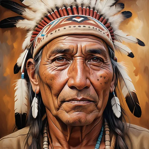 Prompt: Realistic oil painting of an native American man, weathered and wise, intricate patterns and textures, expressive eyes with a hint of sadness, wrinkled and kind smile, warm and earthy color palette, soft natural lighting, high quality, realistic, traditional, emotional portrait, detailed facial features, textured clothing, warm tones, atmospheric lighting background to be nature and low cuality picture
