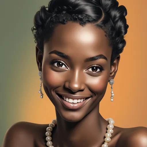 Prompt: Radiating warmth and joy, a young woman with beautifully styled dark hair flashes a bright, confident smile that captivates the viewer. Her skin glows with a rich, warm tone, punctuated by the elegance of pearl earrings and a delicate strand of pearls around her neck, enhancing her graceful appearance. The background showcases a gradient of soft green and warm orange hues, creating a vibrant yet soothing atmosphere that complements her lively expression. This portrait, rich in color and detail, exudes a sense of sophistication and charm, inviting the observer to share in her moment of happiness. The composition focuses on her facial features, emphasizing the captivating sparkle in her large, expressive eyes, while the soft lighting enhances the overall elegance of the scene.