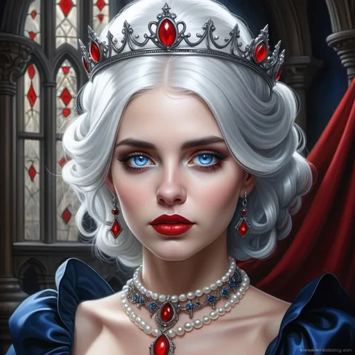 Prompt: a woman with  white hair,  large blue eyes, a tiara and pearls on her head and a red lip and a blue dress with a red and white collar, Anne Stokes, gothic art, highly detailed digital painting, a detailed painting