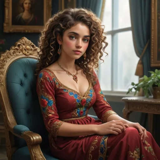 Prompt: Bathed in soft, warm light, a young woman stands elegantly, her head turned slightly to the side, showcasing her distinctive features. Her rich, curly hair, adorned with bright red and blue flowers, complements the vibrant floral designs swirling across her traditional dress, which is infused with bold reds and greens. Intricate jewelry accentuates her graceful neck, adding a touch of sparkle as her expressive eyes draw the viewer in, hinting at a story of passion and culture. The background features soft patterns and hints of foliage, contributing to a lively yet serene atmosphere that celebrates beauty and tradition. The overall composition captures a moment of poise and individuality, inviting admiration for both her appearance and the artistry surrounding her.