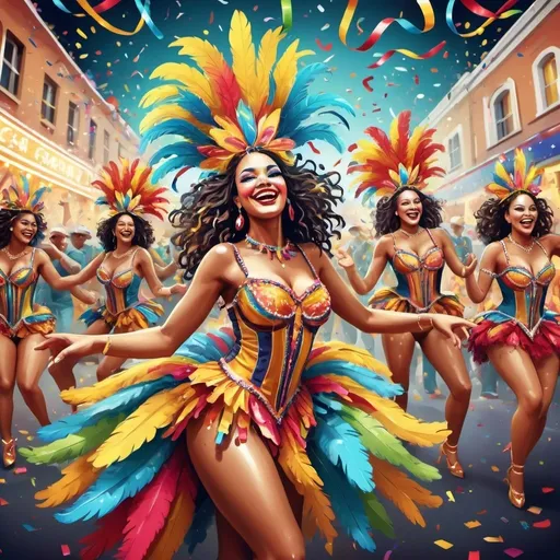 Prompt: Vibrant digital illustration of a joyful carnival parade, vivid and lively colors, energetic dancers in elaborate costumes, confetti and streamers filling the air, dynamic and celebratory atmosphere, high energy, best quality, vibrant, dynamic, carnival, colorful, energetic, digital art, celebratory, festive, lively, detailed costumes, professional lighting