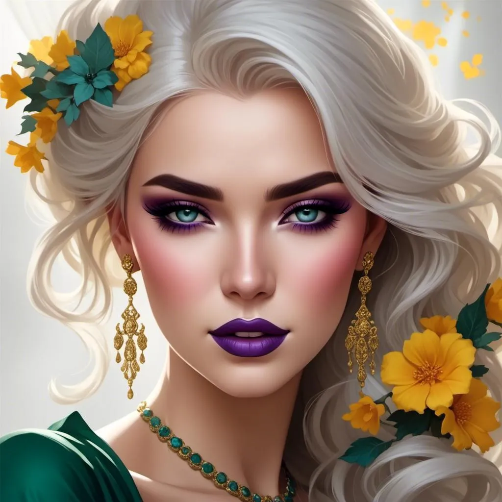 Prompt: <mymodel>Hypnotic bimbo  platinum  blonde   gold lips and purple eyeshadow 