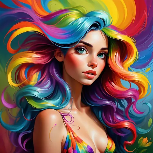 Prompt: Colorful digital painting of a vibrant young woman, oil painting, flowing rainbow hair, bright floral background, high quality, detailed, vibrant colors, whimsical, fantasy, colorful lighting