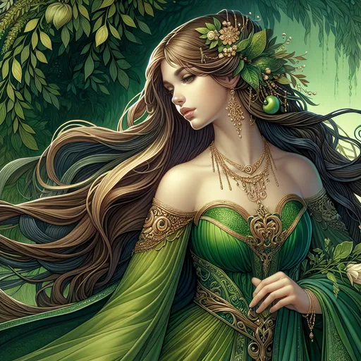 Prompt: a woman with long hair wearing a green dress and gold jewelry, with a green background and a green background, Charlie Bowater, fantasy art, stanley artgerm lau, a detailed painting