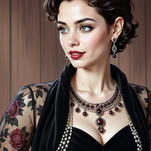 Prompt: a woman with a necklace and earrings on her neck and a red lip and a black dress on her chest, Edwin Georgi, gothic art, highly detailed digital painting, a photorealistic painting